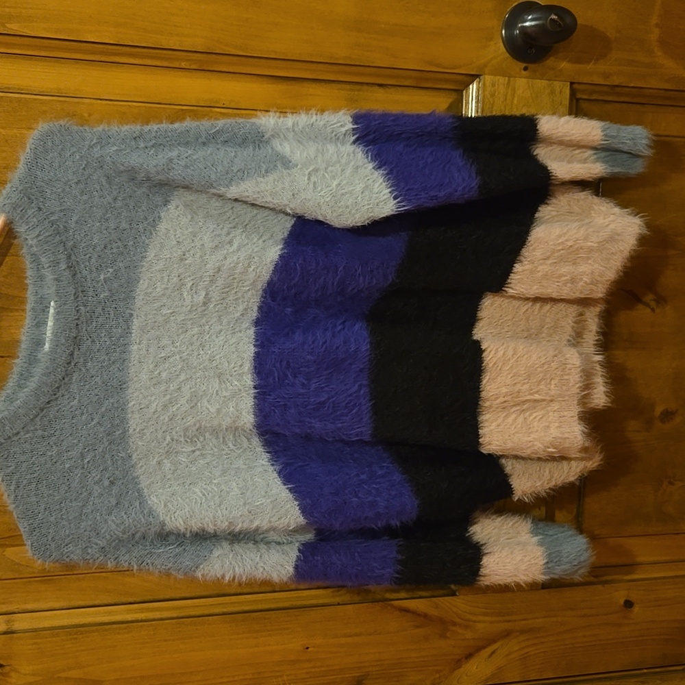 Fuzzy Striped Sweater in Gray, Purple, and Black